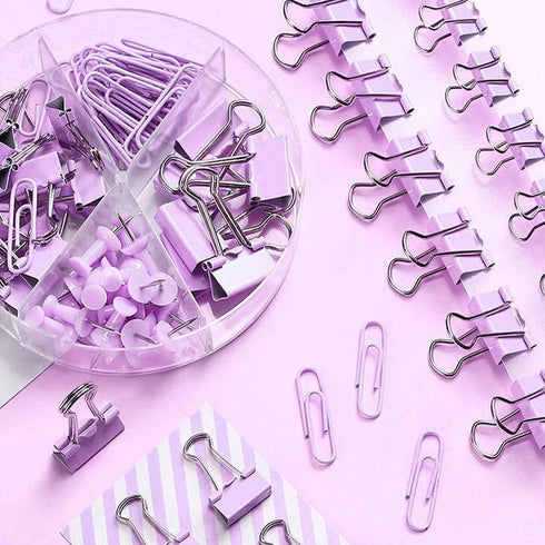 Purple Binder Clips and Paper Clips Push Pins Tacks Sets, Total 72 PCS Assorted Sizes Office Supplies Set for Women,