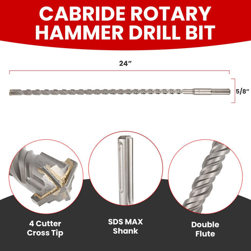 5/8 in X 24 in SDS MAX Bits: Rotary Hammer Drill Bits, Carbide for Concrete, Stone, and Brick