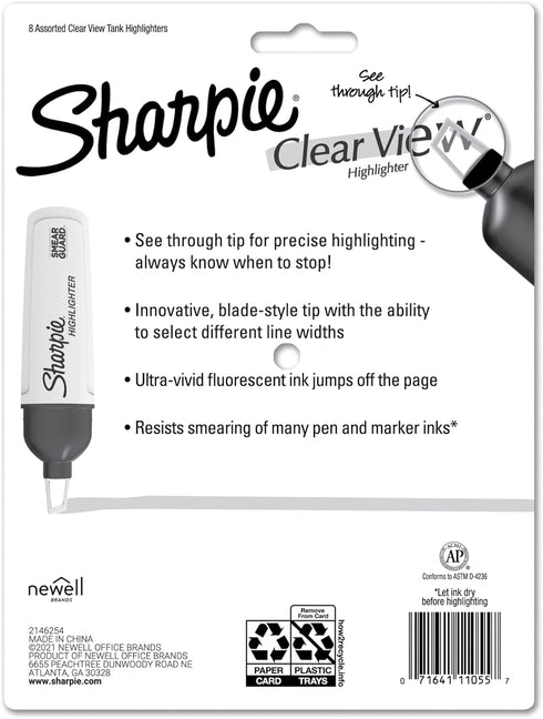 Sharpie Highlighter, Clear View with See-Through Chisel Tip, Assorted, 8 Count