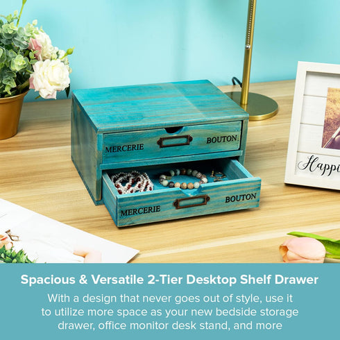 Turquoise 2-Tier Drawer Unit, European Country Style Desk Organizer Box with Label Holder for Countertop