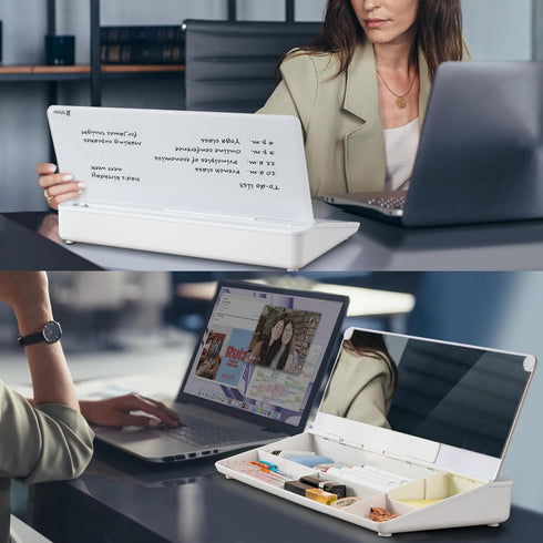 Varhomax Glass Desk Whiteboard with Built-in Mirror, Desktop Dry Erase Board with Storage for Home and Office