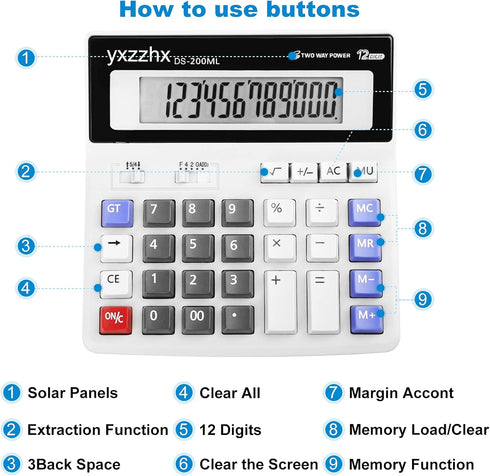 Desk Calculator 12 Digit Extra Large 4.3-Inch LCD Display, Two Way Power Battery and Solar Calculators Desktop, Big Buttons Easy to Press Used as Office Calculators for Desk