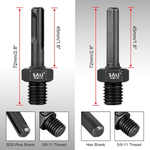 SALI 2PCS Core Drill Bit Adapter 5/8"-11 Thread Male to 3/8" SDS Plus Shank and 3/8" Triangle Shank 5/8" -11 Male Drill Bit Adapter for Threaded Diamond Hole Saw Diamond Core Drill