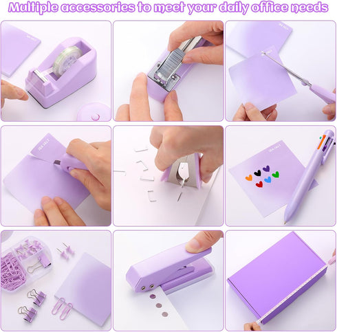 Purple Desk Accessory Kit, Cute Office Supplies Set with Stapler, Tape Dispenser, Scissors, Ballpoint Pen, and More