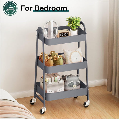 Generic 3 Tier Rolling Cart, Metal Utility Cart with Wheels, Lockable Storage Organizer for Kitchen, Bathroom, Living
