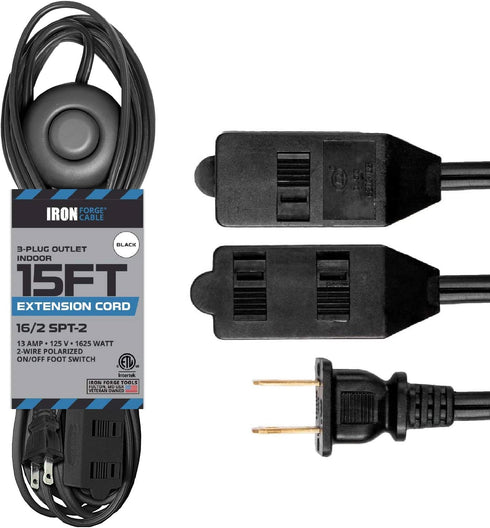 Iron Forge Cable 3 Outlet Foot Switch Extension Cord, 15 ft, 13 Amp Black Cord with Foot Tap Switch