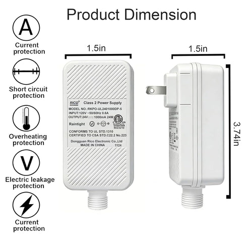 2 24V 1A 24W 33ft10m Class Power Supply for Permanent Outdoor Lights, Outdoor Power Adapter, LED Transformer