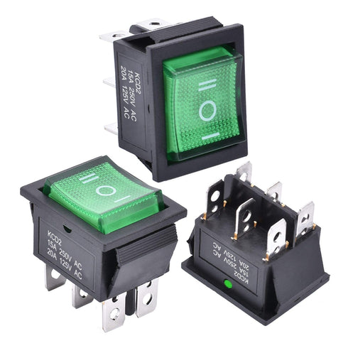 APIELE 3Pcs 3 Position Rocker Toggle Switch DPDT 6 Pin AC 125V/10A 250V/16A ON-Off-ON with LED Light KCD2-203N