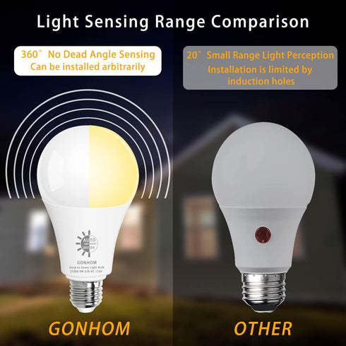 Gonhom 4 Pack Bulbs 2700K 720LM, 9W(60W A19 E26 Bulbs, Dusk to Dawn Light Outdoor, Warm White, Equivalent) Automatic