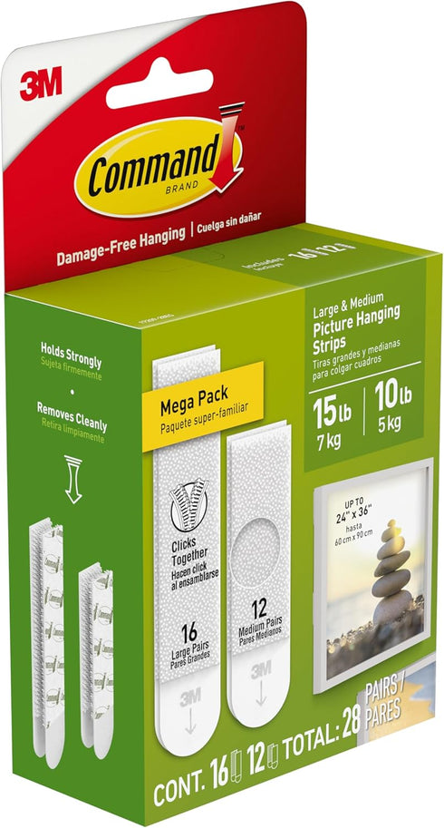 Command Picture Hanging Strips - 15 lb & 10 lb Large and Medium, 28 Assorted Pairs, Damage-Free Wall Hangers
