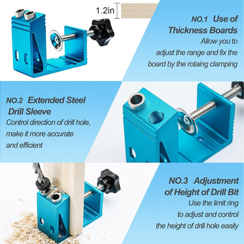 Pocket Hole Jig Kit with Drill Guide, 15 Degree Woodworking Joint Tool for Adjustable DIY Carpentry Locator