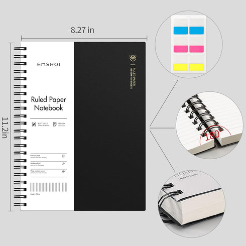 EMSHOI A4 Spiral Notebook, 11.2" X 8.27", 300 Pages, 100gsm Thick Paper, Black for School Work Writing