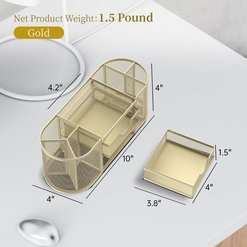 SUPEASY Mesh Desk Organizer, Desk Accessories with Pen Holder and 2 Drawers for Office Supplies - Golden Yellow