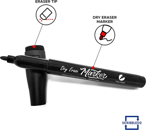 Scribbledo 36 Pack Dry Erase Markers - Black Fine Tip Whiteboard Markers with Eraser Cap for Home & School