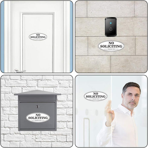 Self-adhesive No Soliciting Sign for House Door, 7" x 3" Metal Signs, Durable UV, Easy Mounting, Oval Design, 2 Pack