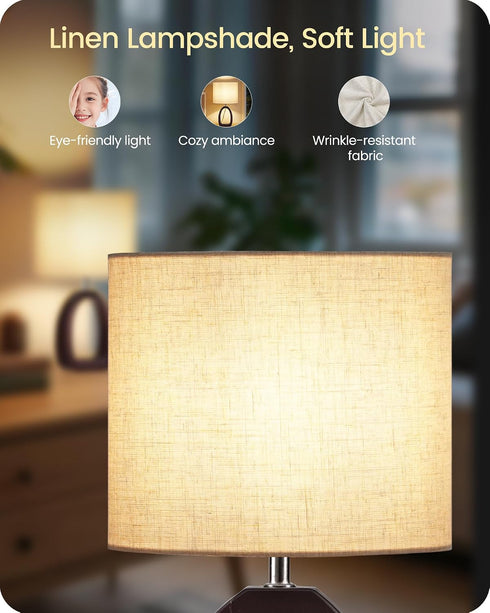 14.2" E26 Bulb STE07TL05 Small Table Lamp, Cute Little Desk Lamp, Wood Bedside Lamp with Beige Linen Lampshade & Dark