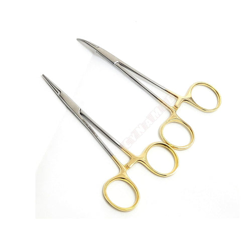 Premium German Stainless Steel, Set of 2 PCS Gold Handle Mosquito Locking HEMOSTAT Forceps, Straight + Curved 5"