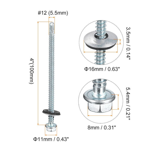 uxcell #12 x 4" Self Drilling Screws with Rubber Washer, 25pcs Zinc Plated Steel Roofing Screws