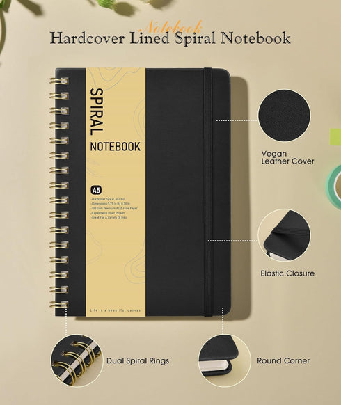 Lined Spiral Journal Notebook, A5 Hardcover Spiral Journals for Women Men, 100 GSM Paper College Ruled Notebooks, 150 Pages Spiral Bound Notebook for Writing Note Taking Work 5.75" x 8.38" Black