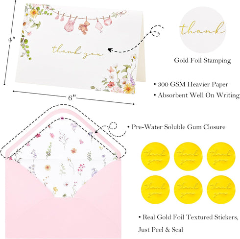 50 Pack Crisky Baby Shower Thank You Cards with Envelopes & Stickers, Pink Gold Baby Thank You Greeting Cards Bulk
