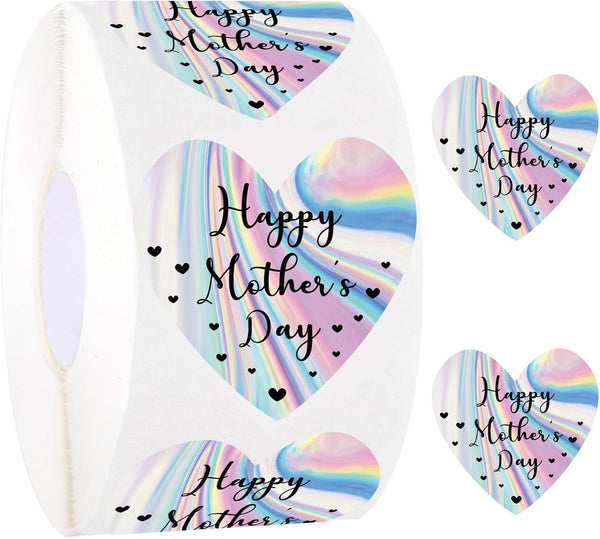 Happy Mother's Day Stickers, 2" Holographic Heart Labels - 250 Pcs Gift Tags, Envelope Seals for Party Favors