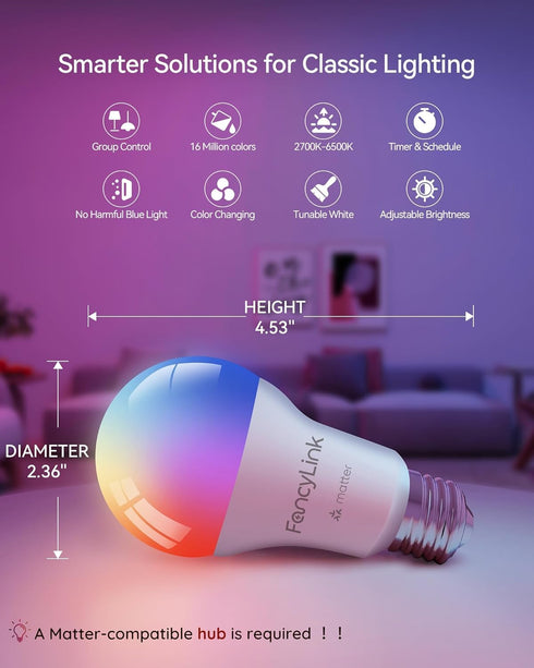 Bulbs, Bulb, A19 60W,2.4Ghz Home,16 800 Lumen,4 Pack Matter Smart Light Color Changing Light hub Required, WiFi
