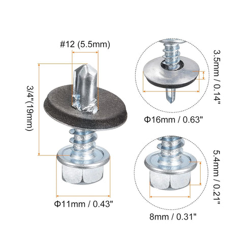 uxcell #12 x 3/4" Self Drilling Screws with Rubber Washer, 25pcs Zinc Plated Steel Roofing Screws Hex Head Self Tapping Screws with EPDM Washer for Metal to Metal