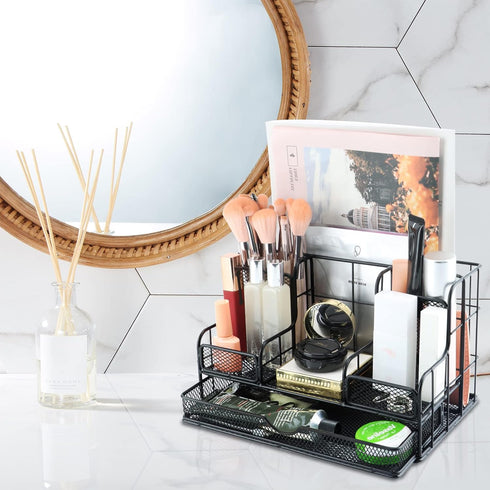 Desk Organizers Caddy with 7 Compartments + Pen Holder, Black Mesh Office Supplies Desktop Organizer