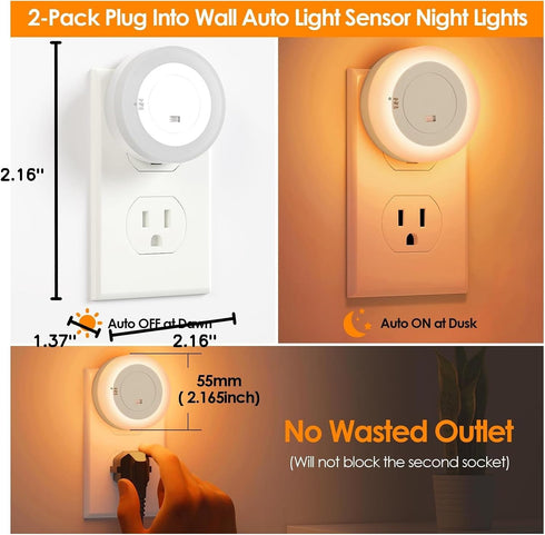 Dimmable 2-Pack FOLKSMATE LED Night Lights Plug into Wall, Plug in Nightlight with Auto Light Sensors for Adults, Kids