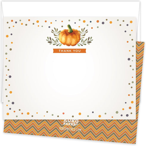Koko Paper Co. Fall Pumpkin Thank You Cards – 25 Flat Note Cards with Envelopes for Baby Shower, Thanksgiving & More