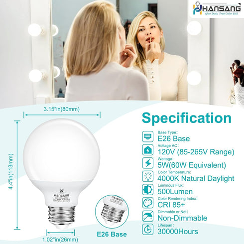 12 Pack Bulbs 4000K E26 Bulb, 60W G25 Bulb 120V, CRI85+, 500LM, Non-dimmable hansang Vanity Light for Bathroom, Natural