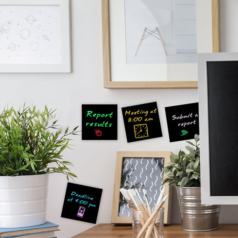 Black Sticky Notes, 3"x3" Post It Notes with 2 Metallic Pens, 6 Pads - Self-Stick Notes Bulk for School, Home,