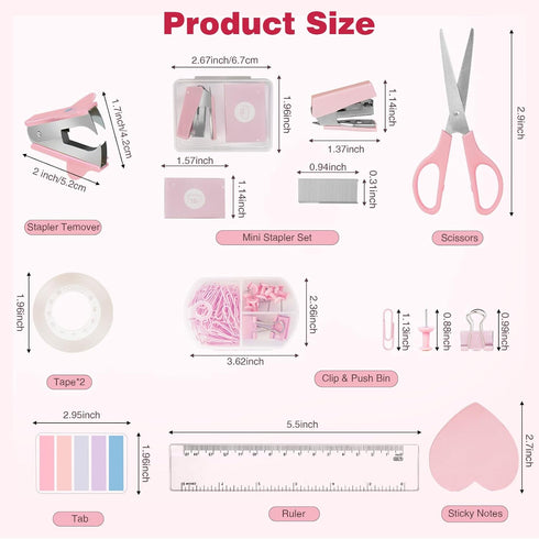 Pink Desk Organizers and Accessories, Mesh Office Supplies Set with Tape Dispenser, Stapler, Phone Holder, Scissors