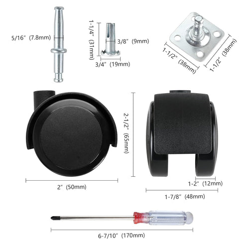 2 Inch Caster Wheels Set of 4, Heavy Duty 1000LBS Load Capacity, 5/16 Inch Valve Stem & Rotating Top Plate, Black