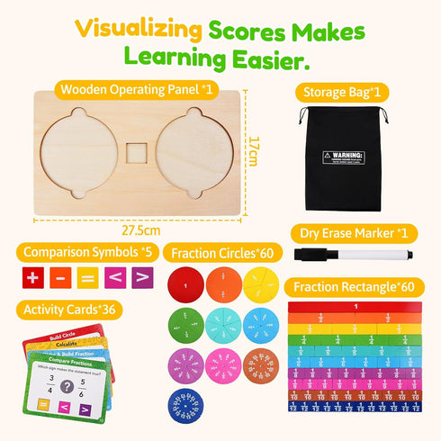 Set, K-3 PINKPEACH Wooden Fraction Tiles & Circles Math Manipulatives for Kids, Montessori Fraction Learning Kit