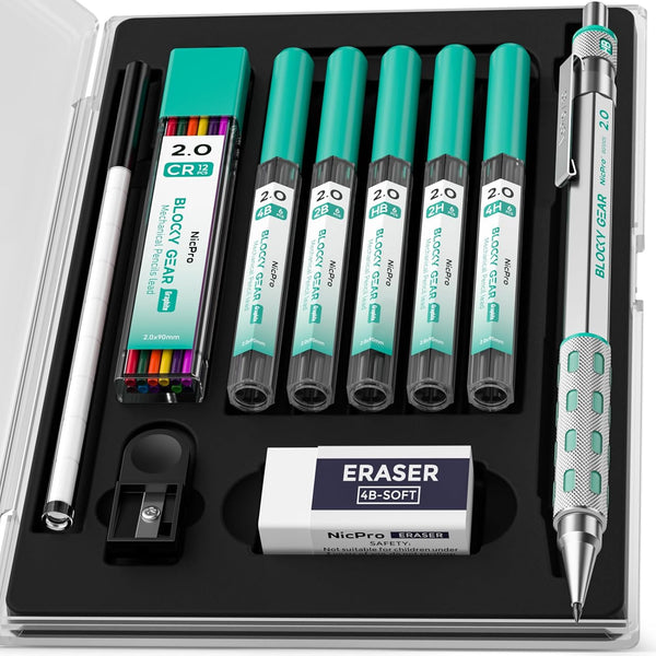 Nicpro Blocky Gear 2mm Mechanical Pencils in Case, Metal Drafting Lead Holder with 6 Tubes Lead Refill