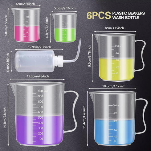 4PCS Plastic Graduated Cylinders Set 10ml 25ml 50ml 100ml, 5PCS Beakers Set 50ml 100ml 250ml 500ml 1000ml