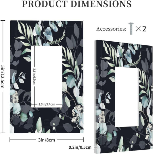 Decorative Switch Plate Covers, Boho Black/Grey Eucalyptus Leaf Floral 1 Gang Light Switch Cover for Home Decor