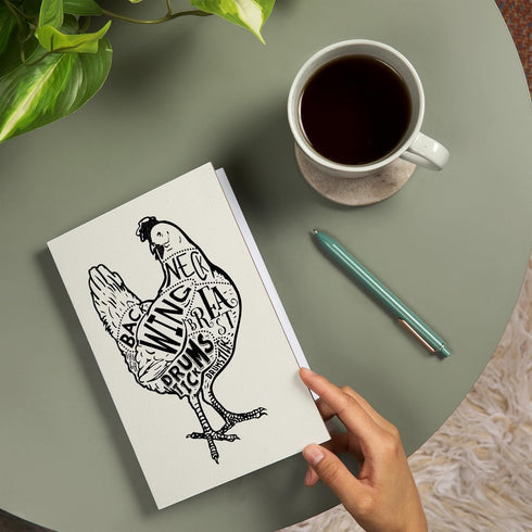 6x9 193 Lantern Press Chicken, Butchers Block Meat Cuts, Black Chicken on White (Lined Journal, Lay Flat, Pages, FSC