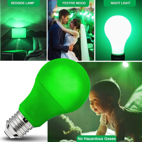 4 Pack LED Green Light Bulbs, A19 9W with E26 Base, 60W Equivalent for Wedding, Halloween, Christmas, Home Lighting