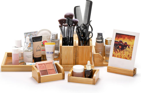 Bamboo Desk Organizer Tray, 7 Pieces Adjustable Office Supplies Caddy, Small Desktop Organizer Pen Holder for Home