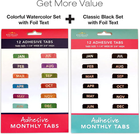 Global Printed Products Monthly Adhesive Tabs - 12 Black and 12 Colorful Tabs, Set of 24