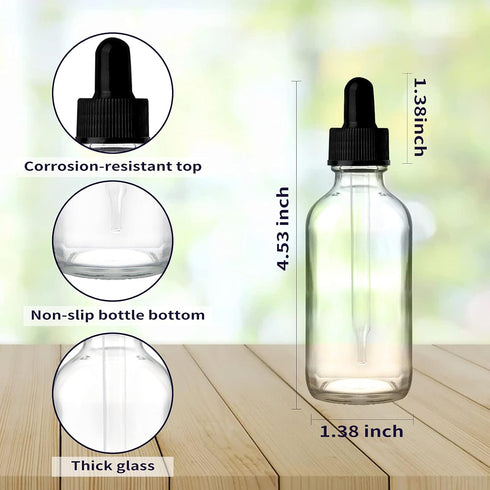 24 Pack 2oz Clear Glass Bottles with Eye Droppers for Essential Oils, Perfumes & Lab Chemicals (Includes Brush,