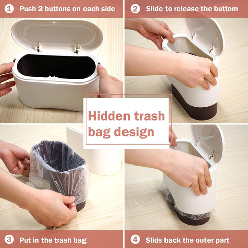 Mini Desk Trash Can with Lid, 0.5 Gallon Countertop Waste Bin with 90 Pcs Trash Bags for Office Bedroom (White)