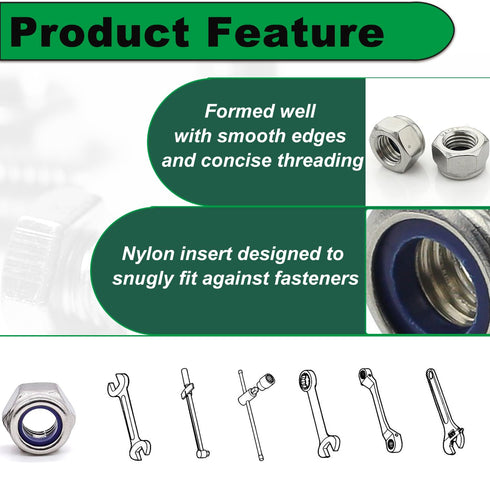 Einundcy M8 1.25 M8x1.25mm 304 13mm M8-1.25 20 Locknuts Metric Nylon Inserted Hex Lock Nuts Self-Lock Nylon Insert