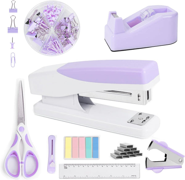 Purple Desk Accessories for Women, Cute Office Supplies Set - Stapler, Tape Dispenser, Scissors, Gift for Students