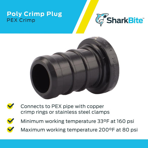 SharkBite 1/2 Inch Poly Crimp Plug, UP514, Pack of 25, PEX Pipe, PE-RT