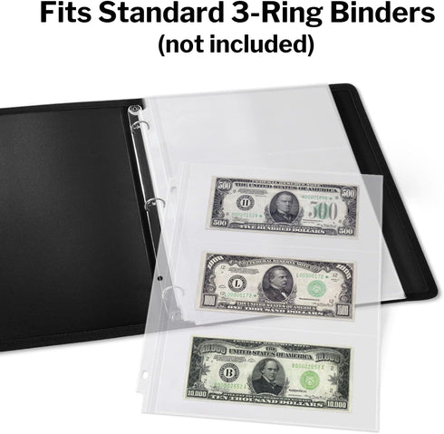 Dunwell Binder Currency Sleeves for Collectors - 25 Pack, Acid-Free 3-Pocket Clear Plastic Refill Pages for Currency