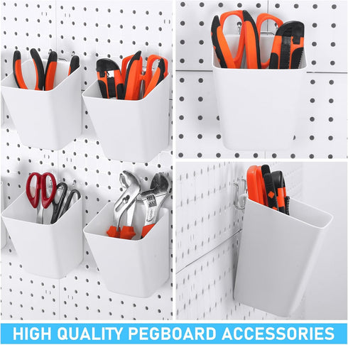 Uiifan 18 Set Pegboard Cups Kit, Plastic Bins with Hooks and Label Stickers for DIY Tools, Craft, Office Storage (White)