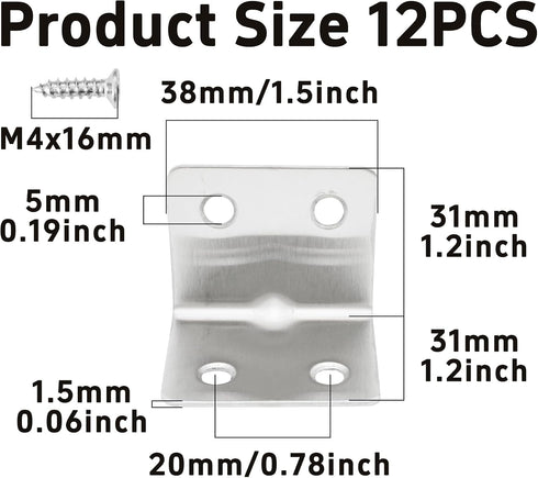 bociloy 12PCS 38x30x30mm 90 4 Stainless Steel Corner Braces, Degree L-Shaped Support Brackets, Holes Right Angle Shelf